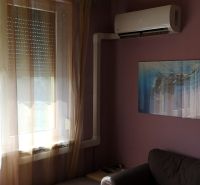 Living room with a dark sofa and air conditioning in a studio apartment.