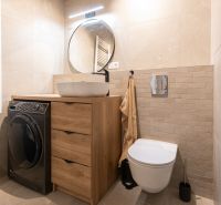 Bathroom with a washing machine in a 2-room apartment, sink on a wooden cabinet, round mirror.