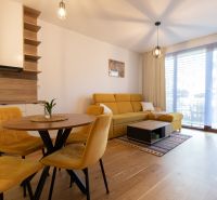 Living room in a two-room apartment with a wooden decor floor and a yellow sofa.