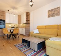 2-room apartment with wood-patterned flooring, yellow sofa, dining table, and kitchen.