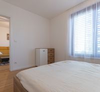 Bedroom with wood-patterned flooring and a view of the neighboring room in a 2-room apartment.