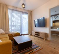Living room in a two-room apartment with a wooden decor floor, sofa, and TV.