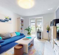 Living room with a blue sofa, white furniture, and a large painting on the wall in a two-room apartment.