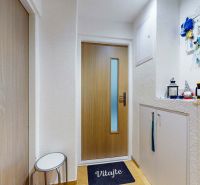 Entrance hall in a 2-room apartment with wooden doors and wall decorations.