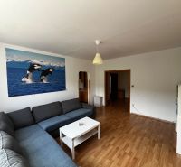 Living room of a three-room apartment with a wooden decor floor and a large sofa.