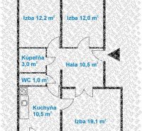 The floor plan of a 3-room apartment includes a hall, kitchen, bathroom, toilet, and loggia.