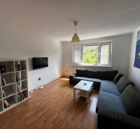 Living room in a 3-room apartment with a wooden decor floor, sofa, and shelves.