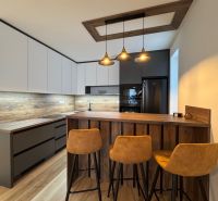 A kitchen in a 2-room apartment with a bar counter and a floor with a wood decor.