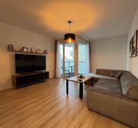 Living room in a two-room apartment with a sofa and a balcony, floor with wood decor.