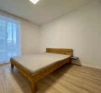 A bedroom in a two-room apartment with a bed and a wooden decor floor.