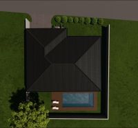 Aerial view of a family house on Hlavná Street in Marcelová with a swimming pool.