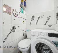 A bathroom in a 3-room apartment with a modern washing machine and decorative tiles with flowers.