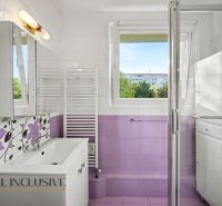 A bathroom in a 3-room apartment with a shower and purple tiles.