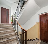 A staircase with a wooden railing and entrance doors in a 3-room apartment.