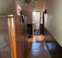 A narrow hallway in a family house with a view of the bathroom, wooden decor flooring.