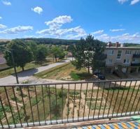View from the balcony onto a street in a Czech city, surrounded by greenery and houses.