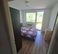 Bedroom in a 3-room apartment with a bed, wood-decorated floor, and a view outside.