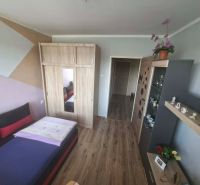 Bedroom with a bed, wardrobe, and display cabinet in a 3-room apartment, floor with wood decor.
