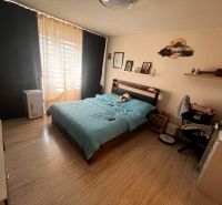 A bedroom with a bed and a wooden decor floor in a two-room apartment.