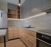 A kitchen in a studio apartment with a wood-patterned floor and gray cabinets.
