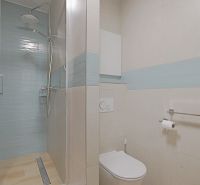 Bathroom in a studio apartment with a modern shower, light tiles, and a toilet.