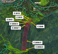 Map of agricultural and forest land around Čadca with marked parcels.