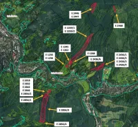 Aerial map with agricultural and forest lands around Čadca.