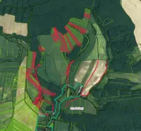 Map of agricultural and forest land around Sušany with marked boundaries.