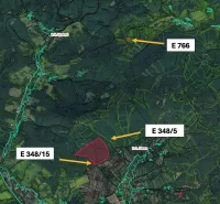 Aerial map of agricultural and forest lands near the village of Dohňany.