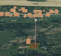 3D map of Gardens in Bystré showing the layout of buildings and plots.
