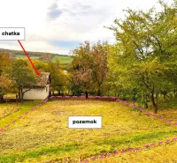 A cottage in the gardens of Bystré, surrounded by trees, a fenced plot in an autumn setting.