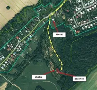 The aerial map of Bystré shows a garden area with plot markings and a road.