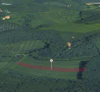 Aerial view of extensive fields around Podbranč, the gardens are divided by lines.
