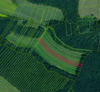 Aerial view of divided land parcels in Záhrady in Podbranč.