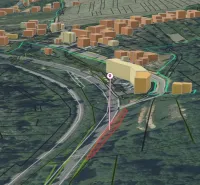 3D model of Orovnice depicting unique properties and terrain with marked road infrastructure.