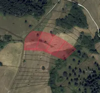 Aerial view of plots in Banská Štiavnica, Unusual properties visible in red.