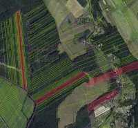 Aerial photograph of agricultural and forest lands of the village Muľa with marked parcel boundaries.