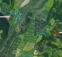 A map with the delineation of the cadastres of Trenčianske Bohuslavice and Beckov in the area of gardens and fields.