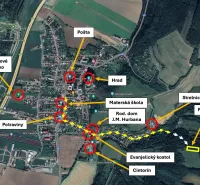 Aerial view of the village of Beckov, showing important places such as the castle and the football field.