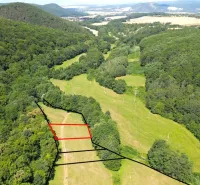 Aerial view of the green Gardens in Horná Ves, surrounded by forests and meadows.