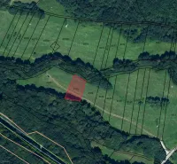 Aerial map of plots in Záhrady, Horná Ves municipality, with plot numbers and highlighted area.