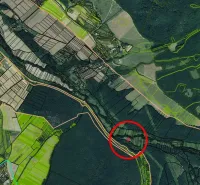 Aerial view of fields and forests around Horné Viesťany, Záhrady.