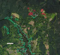 An aerial map of Prochot shows agricultural and forest lands around the village.