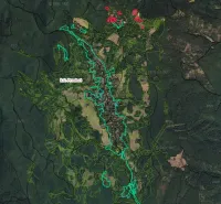 Aerial view of agricultural and forest lands in Prochot surrounded by dense forests.