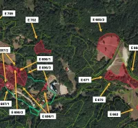 Agricultural and forest lands around Prochot, marked with parcel numbers.