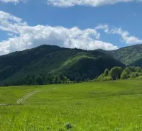 Green meadows and forests surrounded by hills in Veľký Lipník on agricultural and forest lands.