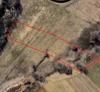 Aerial view of agricultural and forest land in Podhorany with a marked area.