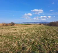Landscape in Podhorany with agricultural and forest lands under a blue sky.