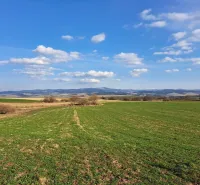 Landscape in Podhorany with agricultural and forest land under a blue sky.