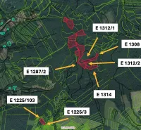 Aerial map of agricultural and forest lands around the village of Dohňany with parcels.